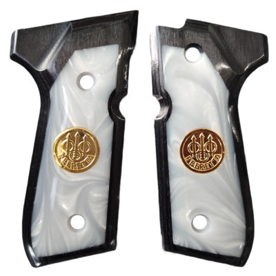Beretta 92 fs grips white pearl resin with gold medaillon black wood 92F 92A1 92