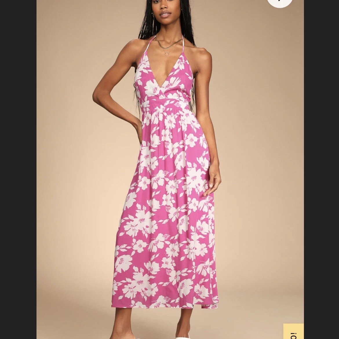 Lulus Follow the Summer Pink Floral Print Halter Midi Dress MEDIUM