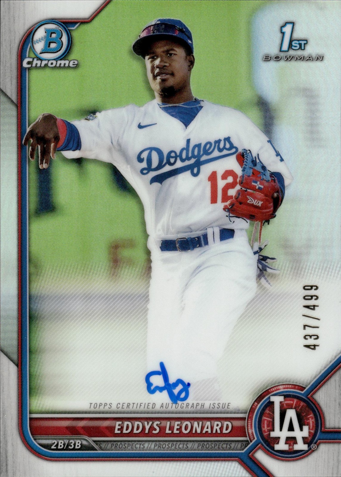 2022 BOWMAN CHROME REFRACTOR /499 1ST PROSPECT AUTO EDDYS LEONARD DODGERS
