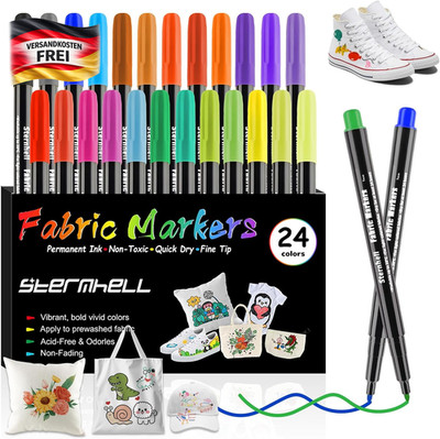 Textilstifte Set 24 Farben Waschmaschinenfest für T-Shirts & DIY-Basics