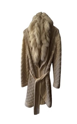 Escada Vintage 90s Mohair MantelFuchspelzkragen Gürtel Creme LuxusDesigner