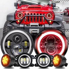 For Jeep Wrangler 07-18 JK 7"LED Headlights Red+Amber Halo Fog&Turn Light Combo