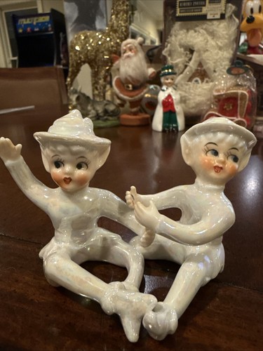 Vintage Candle Huggers Christmas Figurines Japan Elf Pair Elves Lusterware White