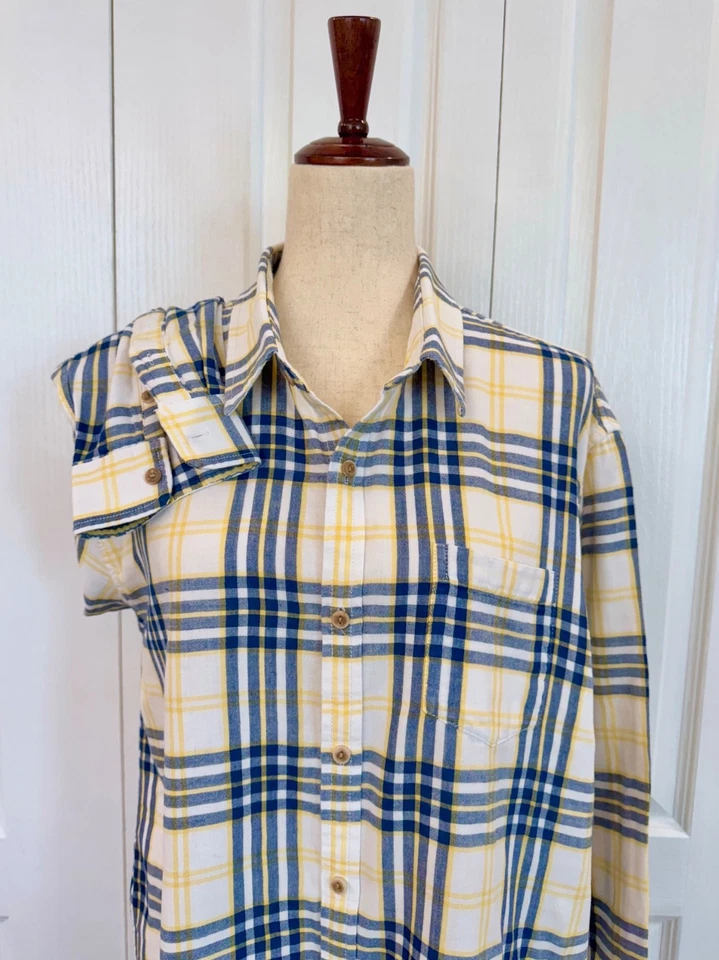 Camisa masculina de flanela tamanho XL por baixo, botão para cima, xadrez: azul, amarelo e branco - Imagem 2 de 4