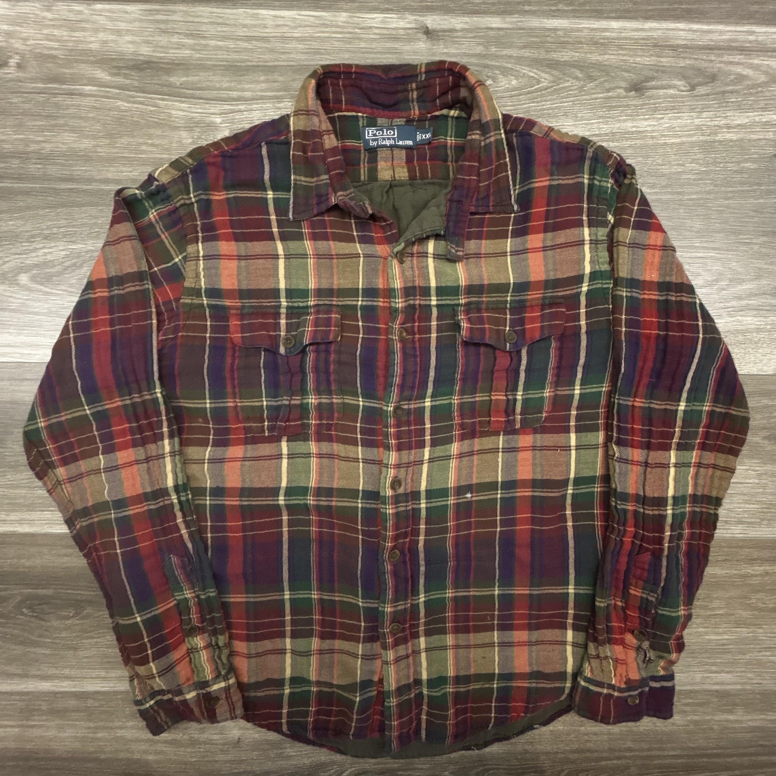 Vintage Polo Ralph Lauren Shirt Jacket Mens XXL Multicolor Plaid Loop Collar 90s
