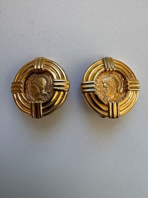 Vintage Carolee Roman Coin Gold & Gold Tone Clip-On Earrings Signed