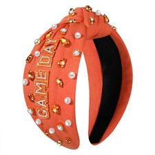 Orange Beaded Rhinestone Headband Women Jeweled Wide Top Knot Sports Hair