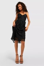 boohoo women skater dress black strappy crochet lace v-neck  sleeveless size 12