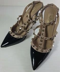 VALENTINO GARAVANI Women Rockstud Enamel Leather Pumps Ankle Strap 37 Black