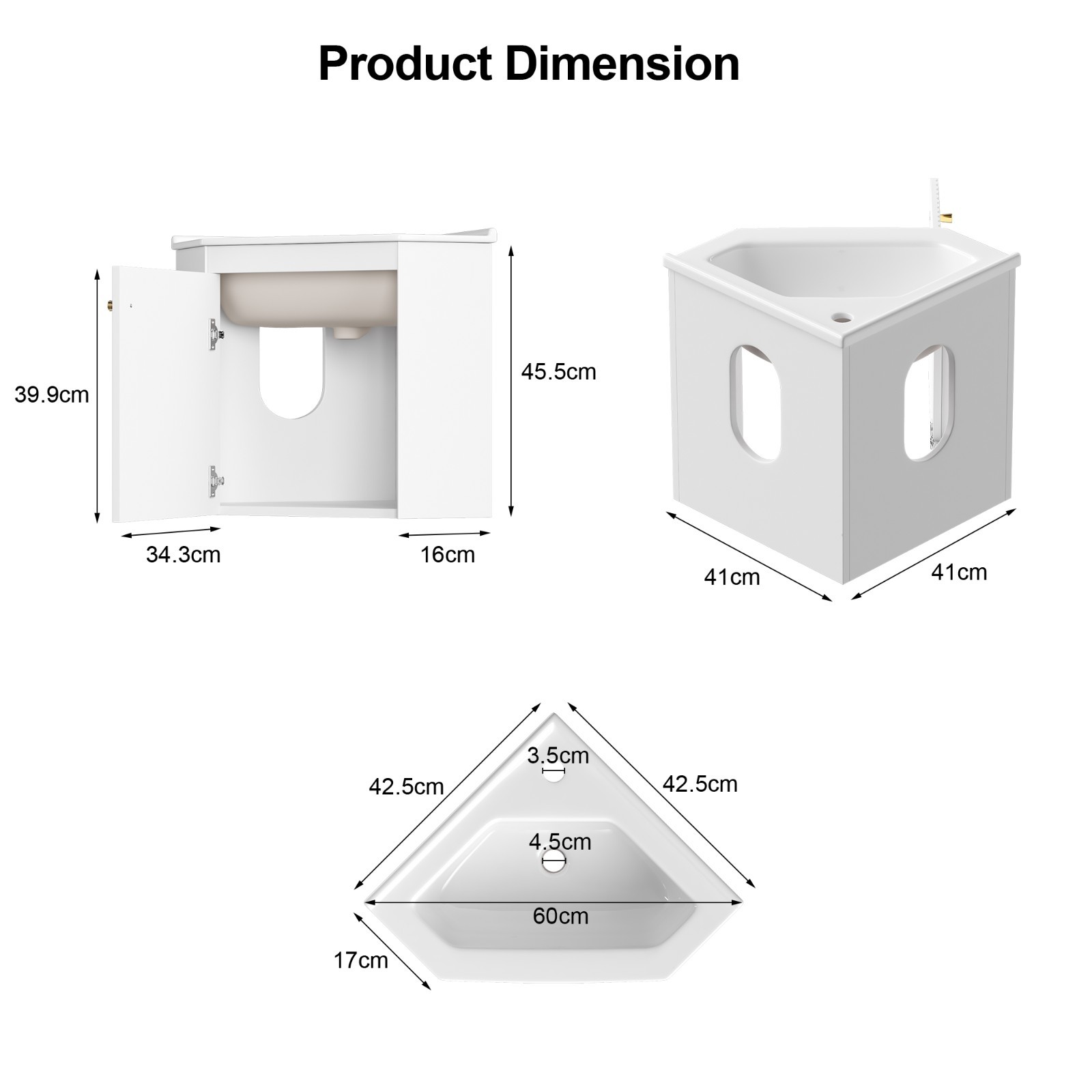 Corner Bathroom Vanity Sink Wall Mounted Combo for Small Space White Ceramic Top