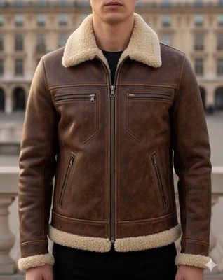 Men's RAF B3 Aviator Sheep Skin Leather Bomber Winter Flying Jacket Coat