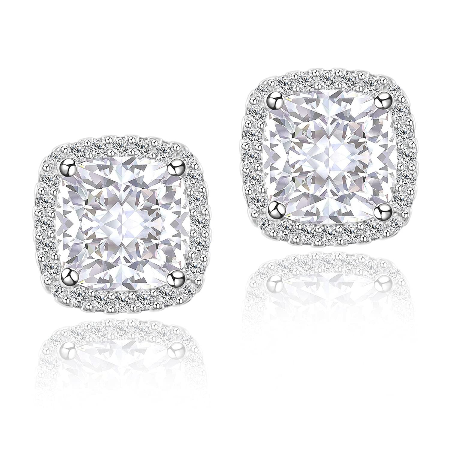 Cubic Zirconia CZ Stud Earrings YOMELA 10MM Square White Gold