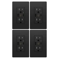 USB C Charger Wall Outlet 4.8A High Speed Duplex Receptacle 15 Amp Black 4Pack 