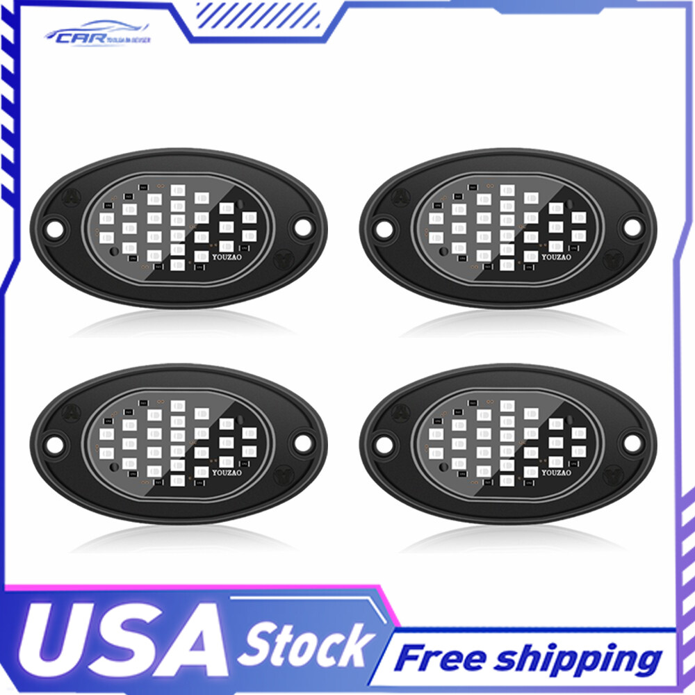 4pcs LED Blue Rock Lights Underbody Trail Rig Glow Lamp Offroad SUV Pickup Truck