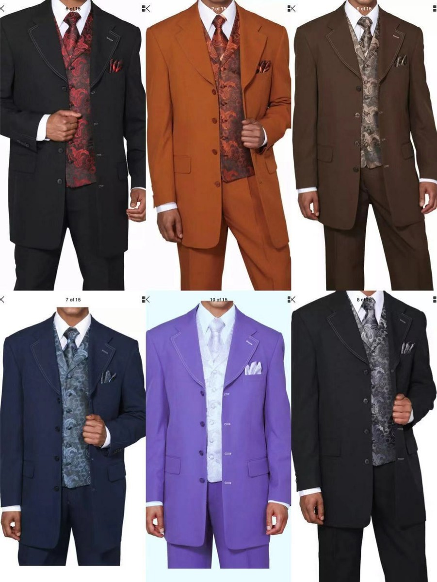 New Mens' 4 Button Fashion Suit with Vest+Tie+Hanky Black/Red