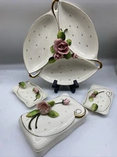 Mid Century Lefton Dainty Vanity Set trinket box cigarette ashtray set rose Pink