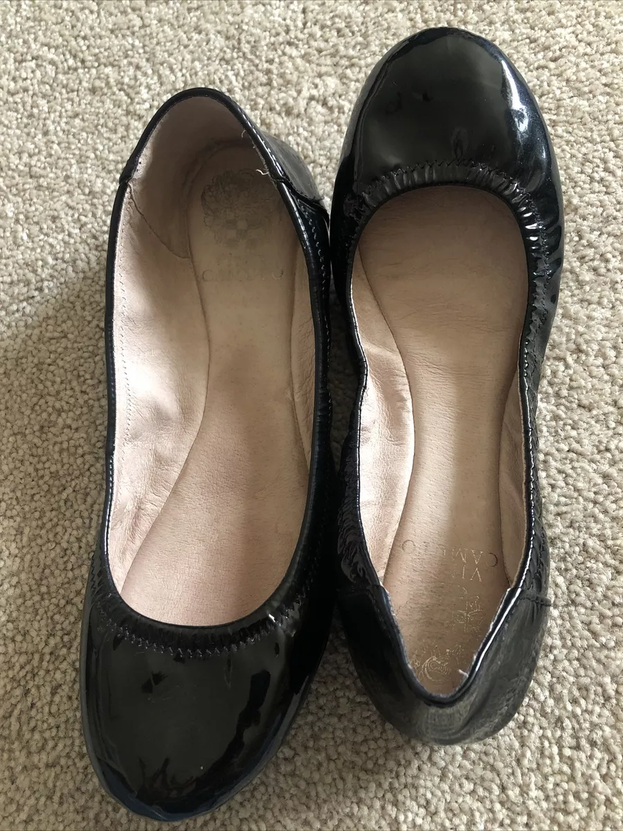 Vince Camuto Womens Slip On Square Toe Ballet Flats Shiny Black Leather  Size 7.5