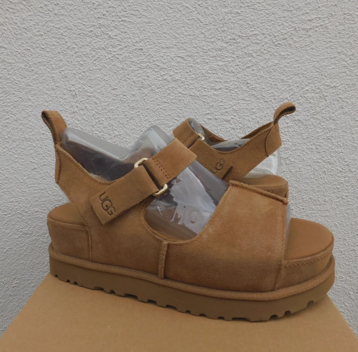 SANDALI SLIDE UGG STRAPPY GOLDENS HI PLATFORM DONNA US 12 EUR 43 ~NUOVI CON SCATOLA