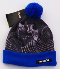 Hurley Skeleton Blue Knit Cuff Pom Pom Beanie Skull Cap Youth Boy's 8-20 NWT