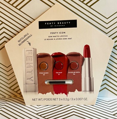 Fenty Icon Semi Matte Lipstick 3-Shade Sample Card with lip brush