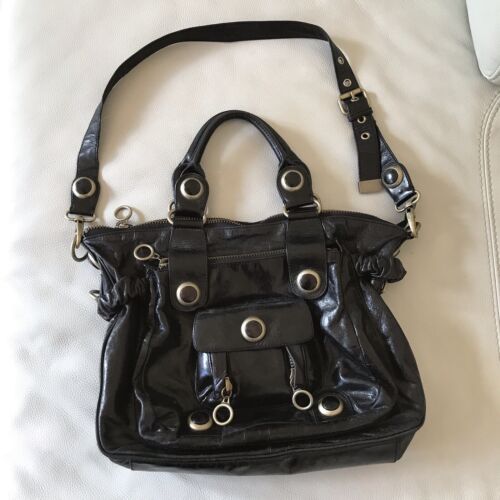 Cynthia Rowley Black Soft Leather Satchel  Bag Crossbody Strap Boho Chic - Afbeelding 1 van 12