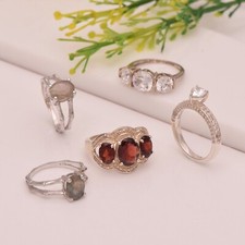 925 Sterling Silver Multi Gemstone Three Stone Solitaire Women Ring Combo 5 Pcs