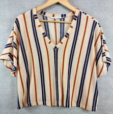 Zara Top Medium Striped Boxy V-neck Stretch Knit Relaxed Dolman Pullover Coastal