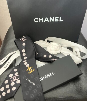 CHANEL 25P Silk Scarf Hairband Pearl Pattern Black Box Camellia