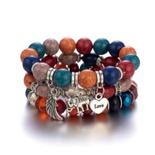 3Pc Elephant Charm Beaded Bracelet "LOVE" Stretch Bracelet Multi-Color  NEW 