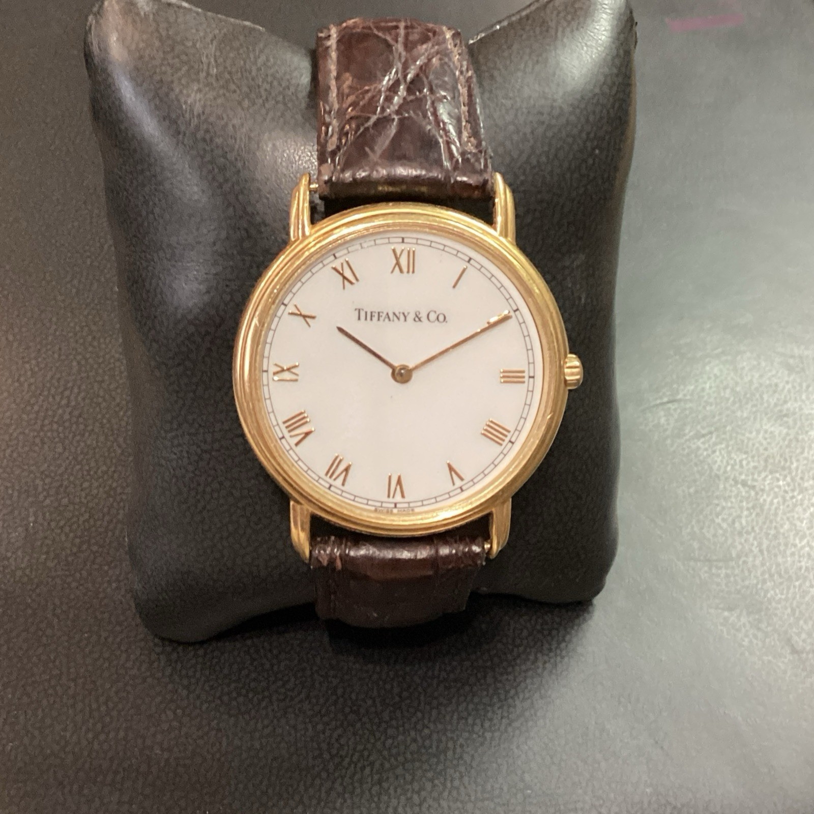 Vintage Tiffany CO Mens 35mm 18kt Gold Watch Leather Band