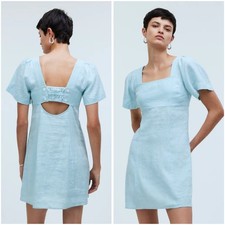 Madewell 100% Linen Mini Dress 14 Icy Blue Square Neck Puff Coastal Breezy Boho