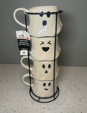 Spooky Halloween 13-Oz White Ghost Stoneware Stackable Mug Set w/ Iron Rack