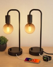 Industrial Table Lamp Set of 2 with USB CA Charging Port, Stepless Dimmable N...
