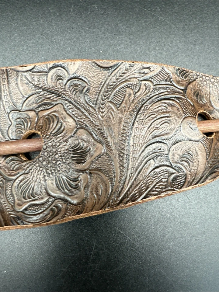 Handcrafted Vintage Leather Hair Slide With Wooden Stick Embossed Floral Design - Image 3 of 4