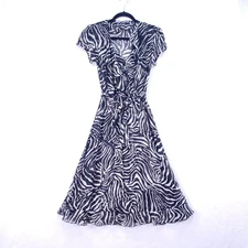 MSK Woman's Black Beige Zebra Print Ruffle Sheer Mid Dress Size 4 Party Evening
