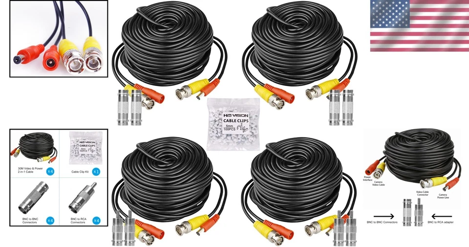 4 Pack 30M/100ft All-in-One BNC Video Power Cables - Image 2 of 4