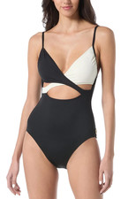 Vince Camuto X6757 Colorblocked Cutout One-Piece Swimsuit, Black/Cream, 6