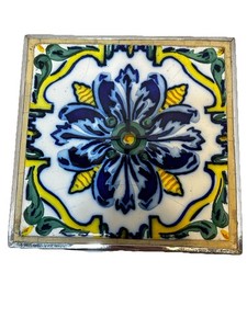 Vintage Mexican Talavera Hand Painted Floral Trivet Tile Set in Metal 6.5 x 6.5"