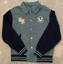 True Religion Collared Patch Fleece Jacket Varsity 700581 Green Mens Size Medium