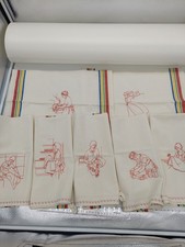 Set of 7 Embroidered Tea Towel Vintage style Cotton Stripe Machine Redwork EUC