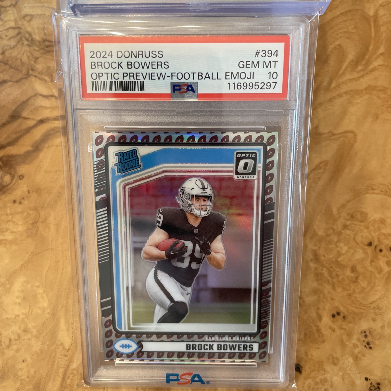 2024 DONRUSS BROCK BOWERS OPTIC PREVIEW-FOOTBALL EMOJI RATED ROOKIE #394 PSA 10