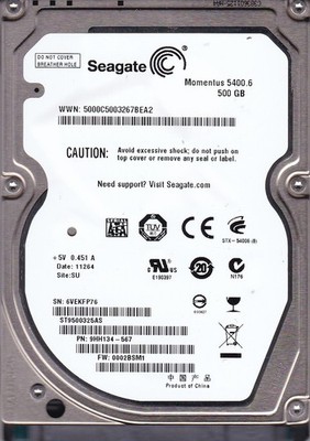ST9500325AS pn: 9HH134-567 fw: 0002BSM1 s/n: 6VE SU 500GB SATA 2.5'' SEAGATE