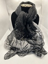 Black and White Floral Print Sheer Spring Summer Scarf 60 X 20 Inches