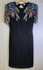 Laurence Kazar Vintage 80s Beaded Silk Sheath Dress Black Formal Cocktail S