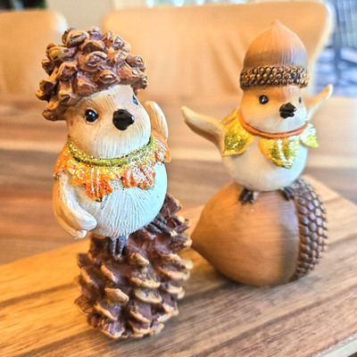 Set of 2 Autumn Bird Sitters Figurines Sparkle Leaves Acorn Pine Cones Ceramic