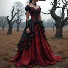 Dark Red And Black Victorian Period Prom Dress Appliques Corset Off Shoulder