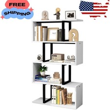 5-Tier S-Shaped Bookshelf, Geometric Bookcase Wooden Z-Shelf Storage Modern Open