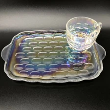 VTG Federal Iridescent Glass Yorktown Thumbprint Sip & Snack Plate & Cup ~ 1 Set