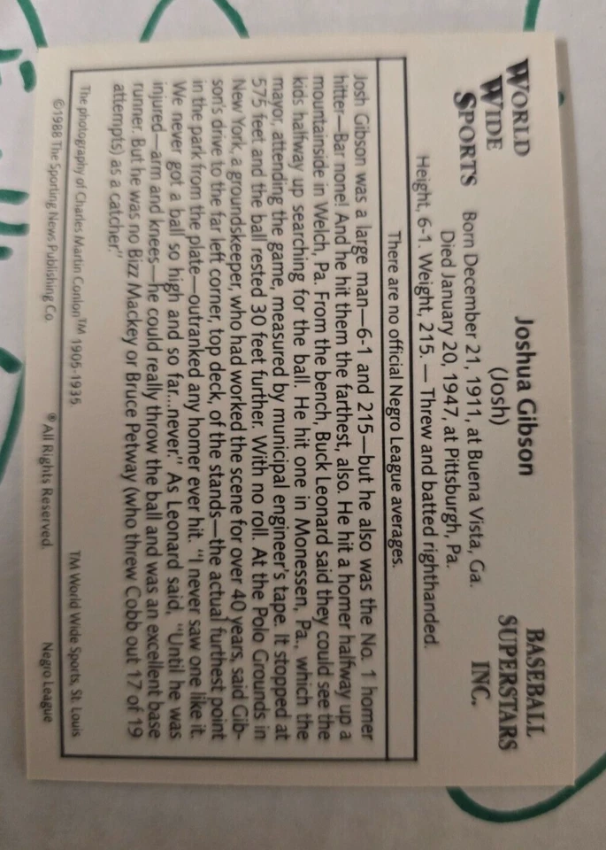 Josh Gibson The Sporting News Colección Conlon 1933 Negro All Stars Salón de la fama Foto 2 de 2