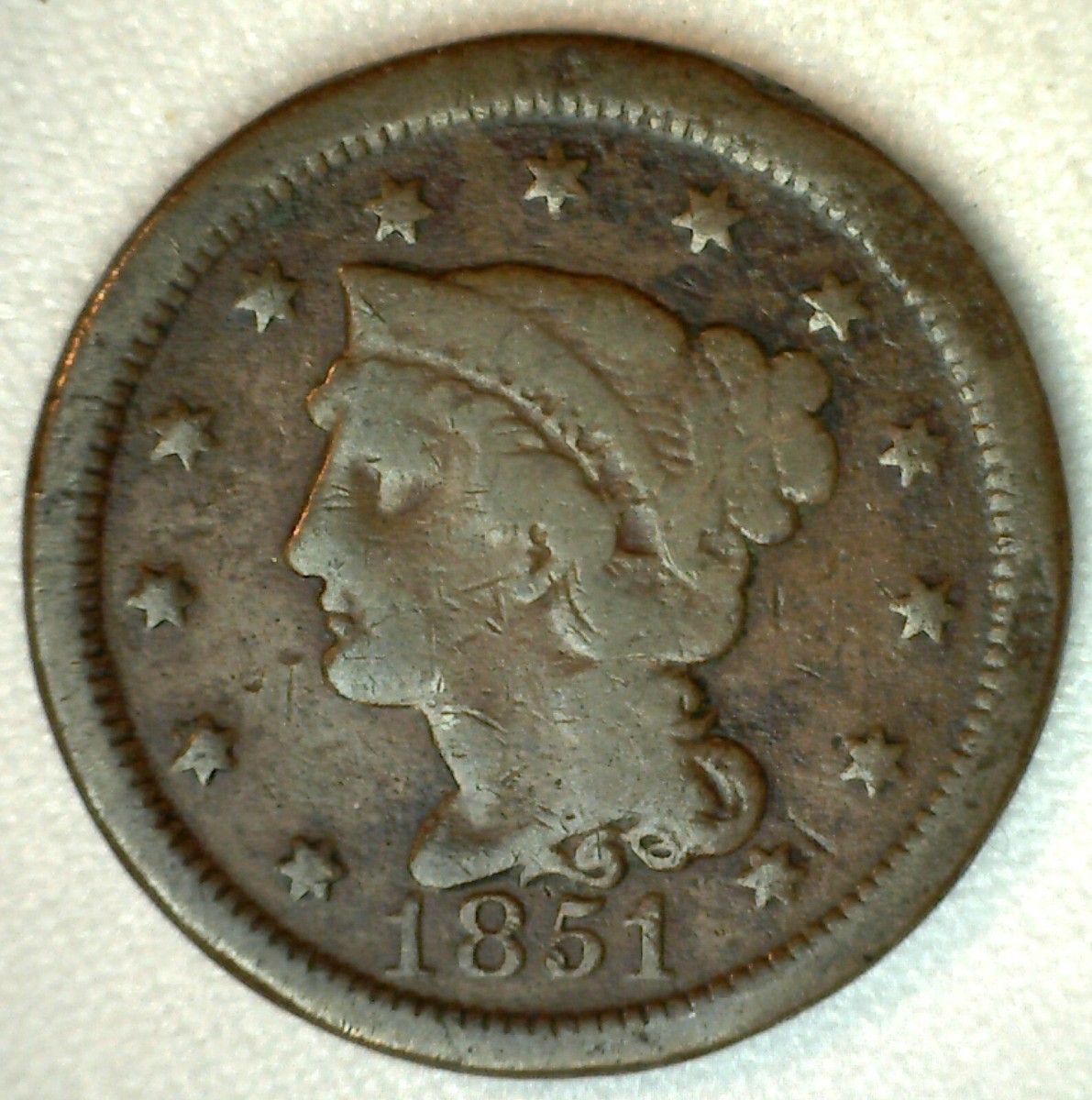 1851 Braided Hair Large Cent Copper Type Coin One-Cent US Penny